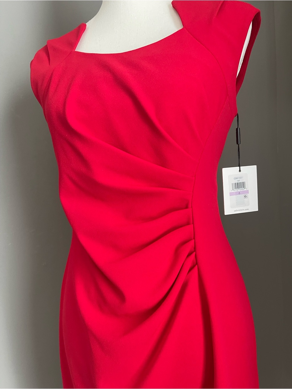 Calvin Klein Sleeveless Midi Dress in Bright Red with Draped Front